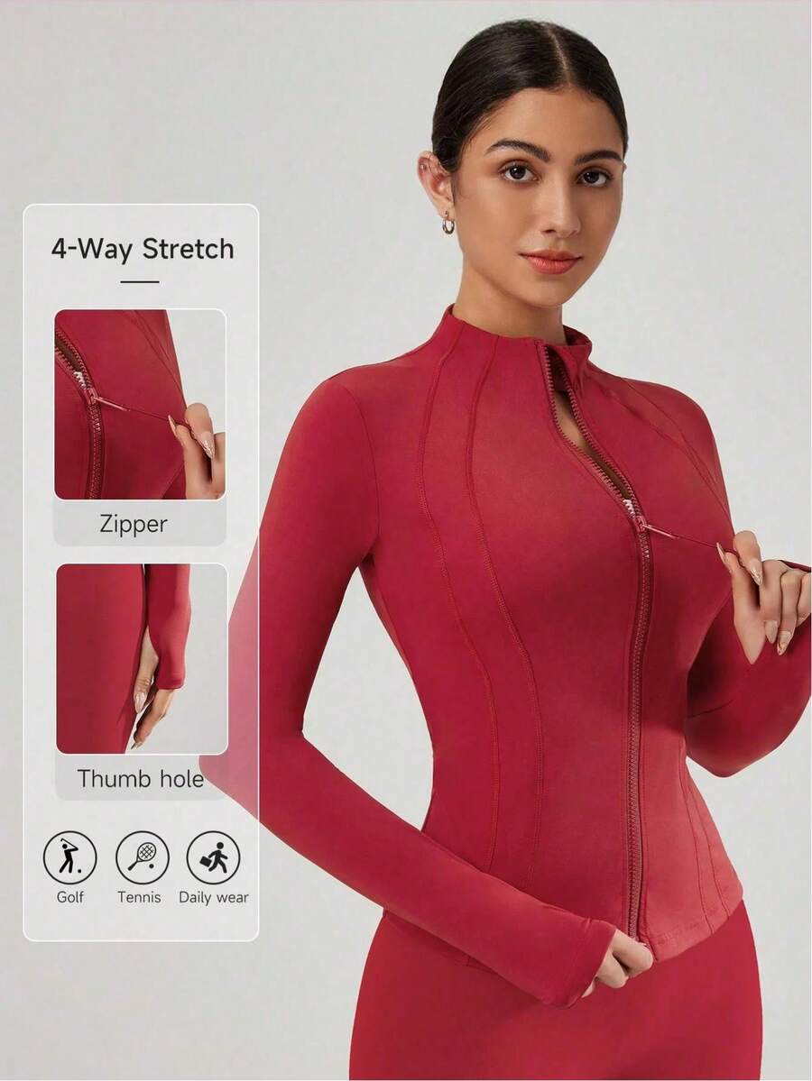 Women's Fitted Athletic Jacket With Thumb Holes And Stand Collar, Lightweight Breathable Women's Summer Coat, Soft Cozy Full Zip Workout Jacket, Slim Fit Yoga & Tennis Outerwear, Low Impact Exercise Top, Summer Outfits For Women, Daily Active Wear,Gym Clothes Women,Women Sports Jackets - Đỏ - Xem 1