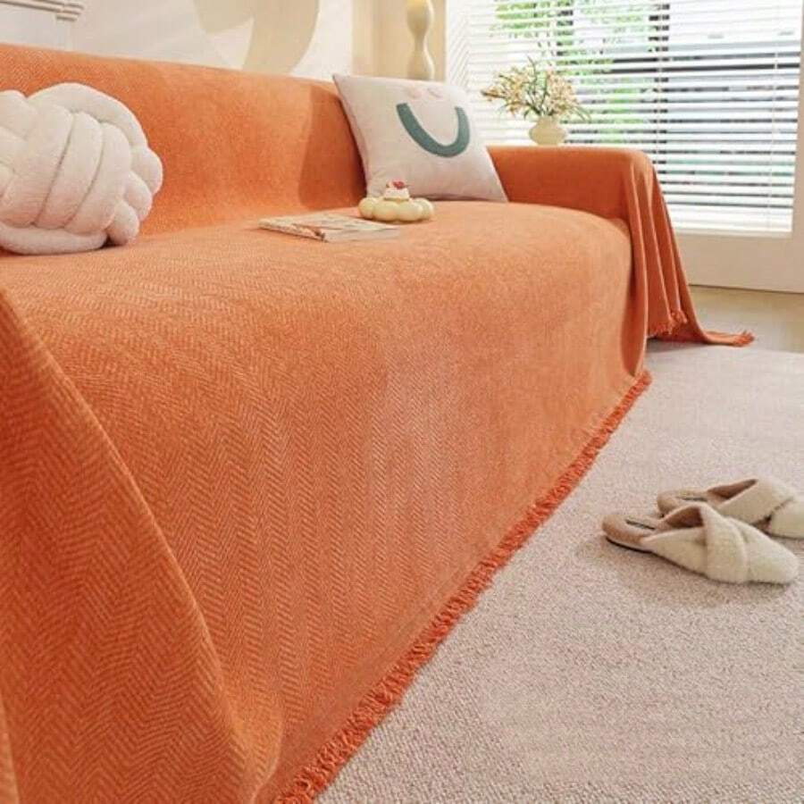 Funda de Sofá Elástica Chenille Reversible - Ultra Suave Antideslizante y Lavable Funda para Sofá de Tela Supersuave Antiarañazos Ideal Todas Las Temporadas Naranja 180x130cm/70.8x51.2 in - Naranja - Ver 1