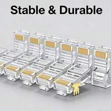 Cat5e RJ45 连接器 8P8C 100个，UTP 网络以太网电缆插头镀金 50U，适用于单股或多股线，网络 DIY 直通端 - 查看 3