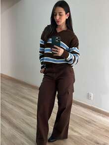 Women's Striped Polo Shirt, Knit, Winter, Knitted Fabric, Nightwear, Daily, Travel, Vacation, Autumn/Winter - 淺藍色/棕色 - 查看 2
