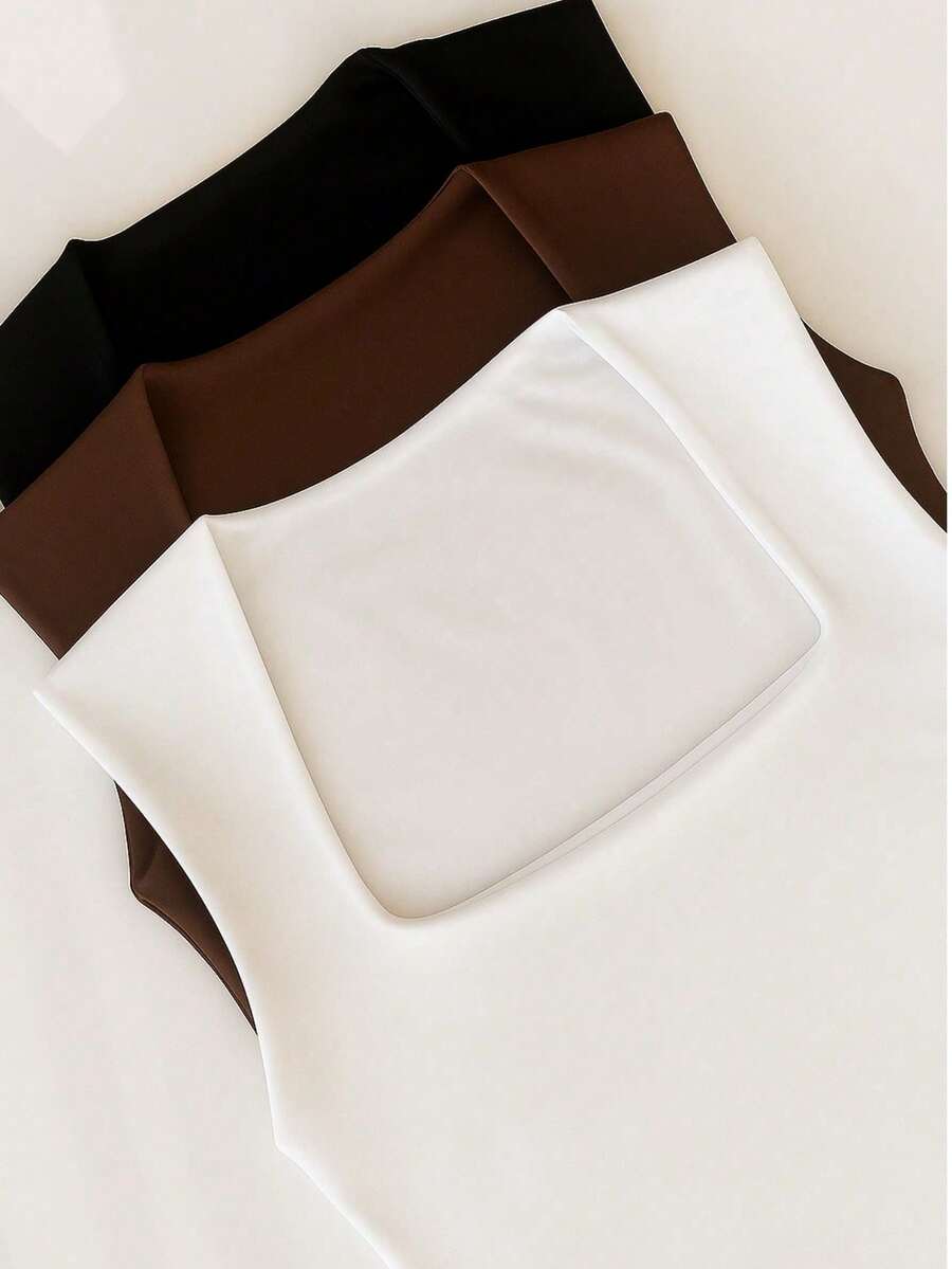 Set Of 3 Women's Bodysuits With Thick Straps, Versatile, Plus Size, One Size, Closed Back, Chic, Basic, For Work, Day, Night, Party, Shopping - BLACK/WHITE/BROWN - View 1