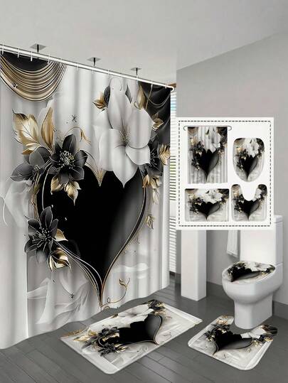 1/4pcs Luxury Waterproof Bathroom Curtain Set, Includes Shower Curtain, Non-Slip Bath Mat, Toilet Seat Cover, Bathroom Accessories, Home Decor, Bathroom Partition Curtain, Essential For Home & Dorm, All Season