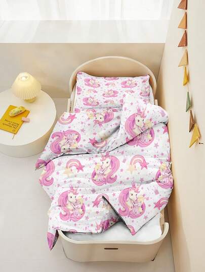 2件套可爱公主独角兽幼儿床上用品套装，粉色彩虹星冠印花儿童被套套装，柔软超细纤维被套含枕套，适用于女孩婴儿床、儿童房、卧室，76x102厘米