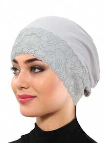 1pc New Lace Patchwork Headscarf, Muslim Women Daily Wear Turban Hat - Solid Color - View 10