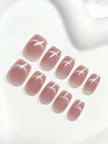 24片短款极光渐变猫眼美甲贴纸，包含1瓶美甲胶水和1个指甲锉，按压式美甲贴纸，美甲用品 - 駝色 - 查看 3