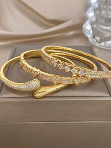 18K Gold Plated Anti-Fading Elegant Heart Sparkling Zirconia Twisted Knot Bangle Bracelet Set, Gifts For Mom, For Daily Wear, Weddings, Suitable For Daily Life, Parties, Dates, Beach, Beach Jewelry, Mother's Day Gift, Valentine's Day Gifts, Spring, Wedding Supplies, Summer Accessories - Multicolor - View 4