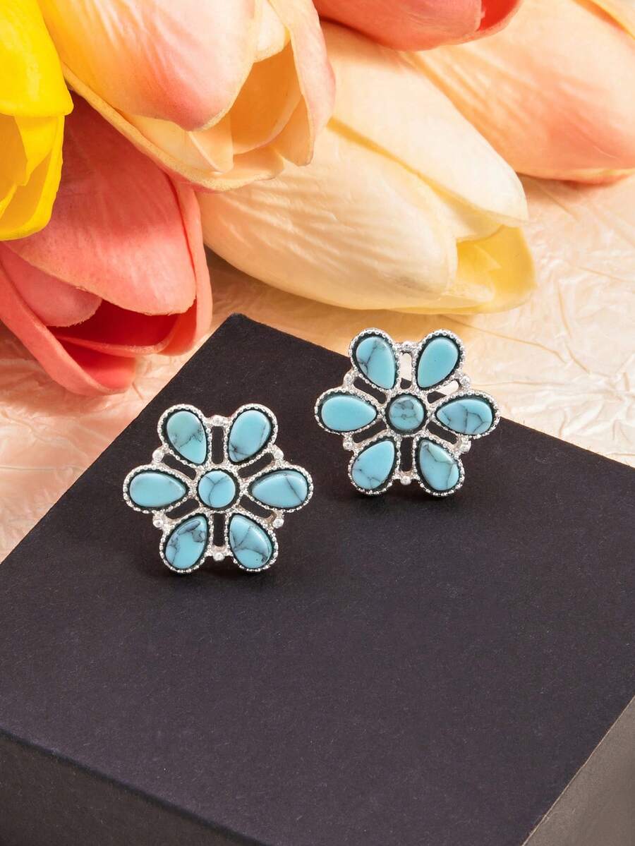 1 Pair Fashionable Western Cowboy Style Hollow-Out Rhinestone Flower Stud Earrings For Women - Multicolor - View 1