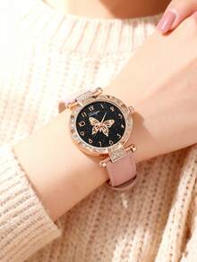 Bộ 4 món màu hồng cho bé gái - Đồng hồ thạch anh hai mặt hình trái tim/bướm + Vòng tay hình trái tim, thiết kế đính đá toàn bộ, có thể đeo cùng đồng hồ để tăng thêm vẻ nổi bật. - Hồng - Xem 8