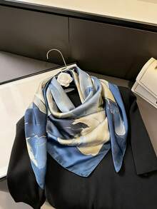 1pc Navy Blue Floral Print Lightweight Headscarf/Shawl, Cream Yellow Flower Bohemian Breathable Scarf Accessory For Spring/Summer, Great Gift - Multicolor - View 9
