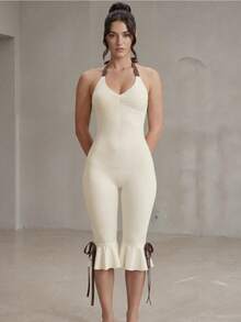 2026 Spring/Summer New Halter Neck Camisole Fashion Solid Color Sexy Slim Fit Bodycon Jumpsuit For Women - Màu be - Xem 3