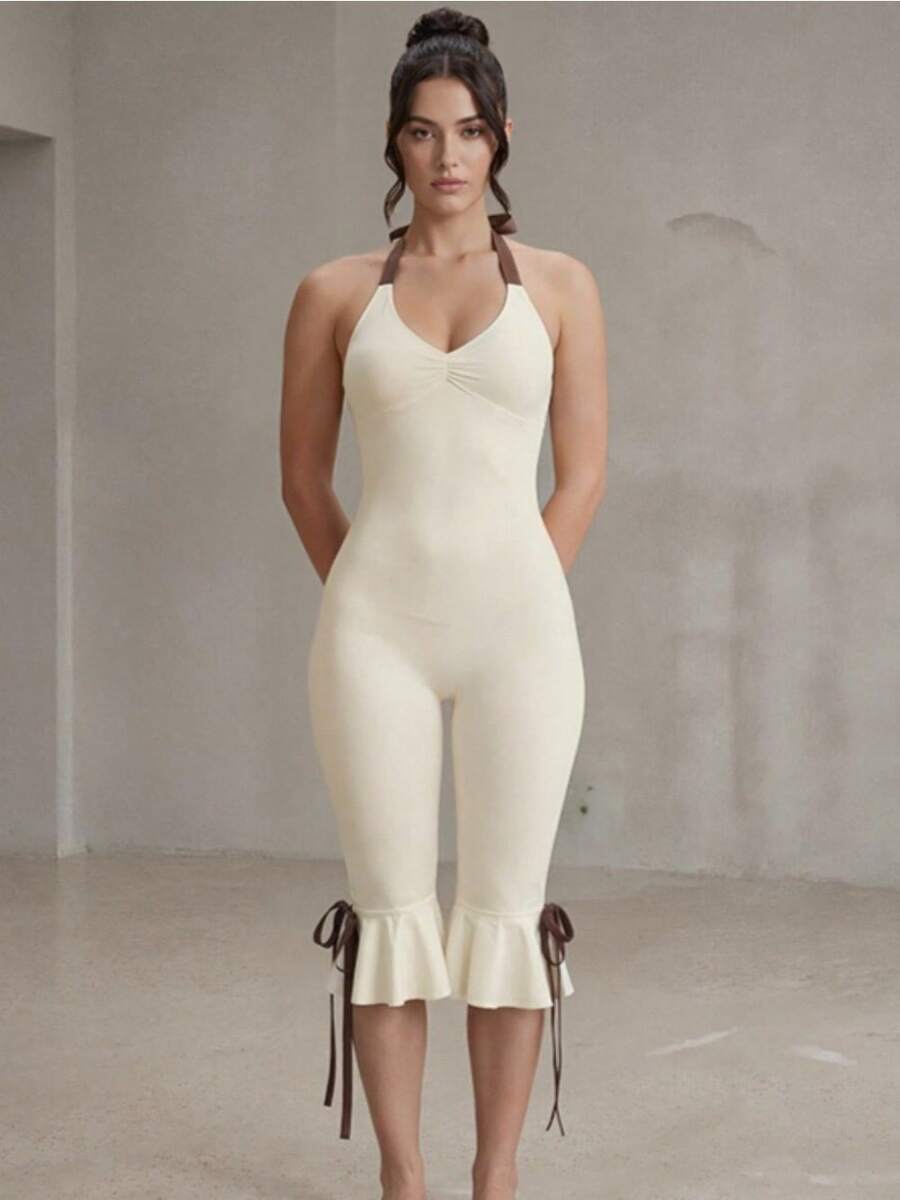 2026 Spring/Summer New Halter Neck Camisole Fashion Solid Color Sexy Slim Fit Bodycon Jumpsuit For Women - Apricot - View 1