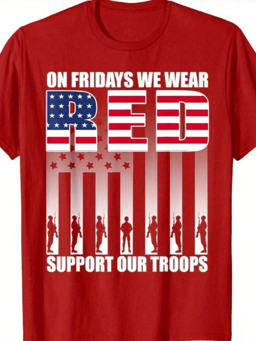 Camiseta 100% Algodón, Camiseta Patriótica Con La Bandera Estadounidense - "We Wear Red On Fridays" Camiseta De Apoyo Militar Con Estampado De Silueta De Soldado Para Mayor Comodidad Y Estilo. - Đỏ - Xem 1