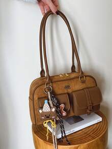 Bolso de hombro de mujer de gran capacidad de unicolor de piel sintética estilo retro con múltiples bolsillos, viene con un accesorio de encanto (el accesorio de encanto puede variar ligeramente por lote) - Marrón - Ver 8