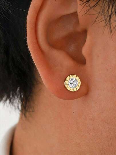 1 par de pendientes de botón unisex de acero inoxidable con baño de oro y números romanos de circonita cúbica, diseño minimalista y redondo para uso diario