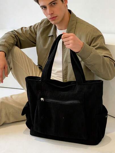 Bolso de tote de pana negra 2026 nuevo para mujeres, bolso de hombro de gran capacidad con múltiples bolsillos de estilo vintage, bolso de estudiante universitario, bolso versátil y holgado, opción de regalo de Pascua