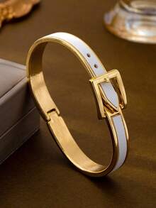 1pc Fashionable Unique Leather Belt Style Bracelet, Distinctive Personalized Niche Elegant Adjustable Jewelry, Suitable For Daily Wear, Parties And Various Occasions - White - View 4