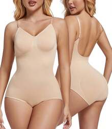 Low Back Bodysuits Shapewear For Women Open Crotch Body Shaper Seamless Tummy Control Push Up Corset Tank Top Backless Briefs Underwear - 米色 - 查看 2
