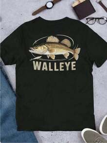 Walleye Fishing Lure Angler , Men's Double-Sided Printed Fashionable Casual Crew Neck 220gsm Pure Cotton T-Shirt(1 PC) - 黑色 - 查看 3