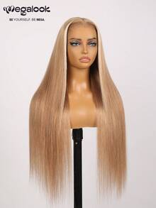 MEGALOOK 6x5蕾丝闭合假发，奶茶棕色带金色挑染，直发，100%真人发 - 无胶假发，18-30英寸，预漂白预拔发际线，易于佩戴，新手友好型假发，180密度 - 无需胶水，经久耐用，轻盈舒适，全天佩戴舒适，掉发极少，适合女性日常佩戴，办公场合适用。 - 彩色 - 查看 4