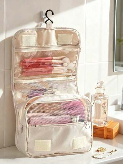 1个挂式化妆包，化妆包，洗漱包，商务旅行便携式收纳盒带提手，可折叠化妆包，适用于化妆工具、浴室、旅行、宿舍，尼龙材质，时尚款式，男女通用，送给妈妈的礼物，宿舍必备，旅行必备，旅行配件，返校包，夏季沙滩包，车载配件，旅行包，旅行必需品，假期用品，学校用品，学习用品，物品，返校用品。