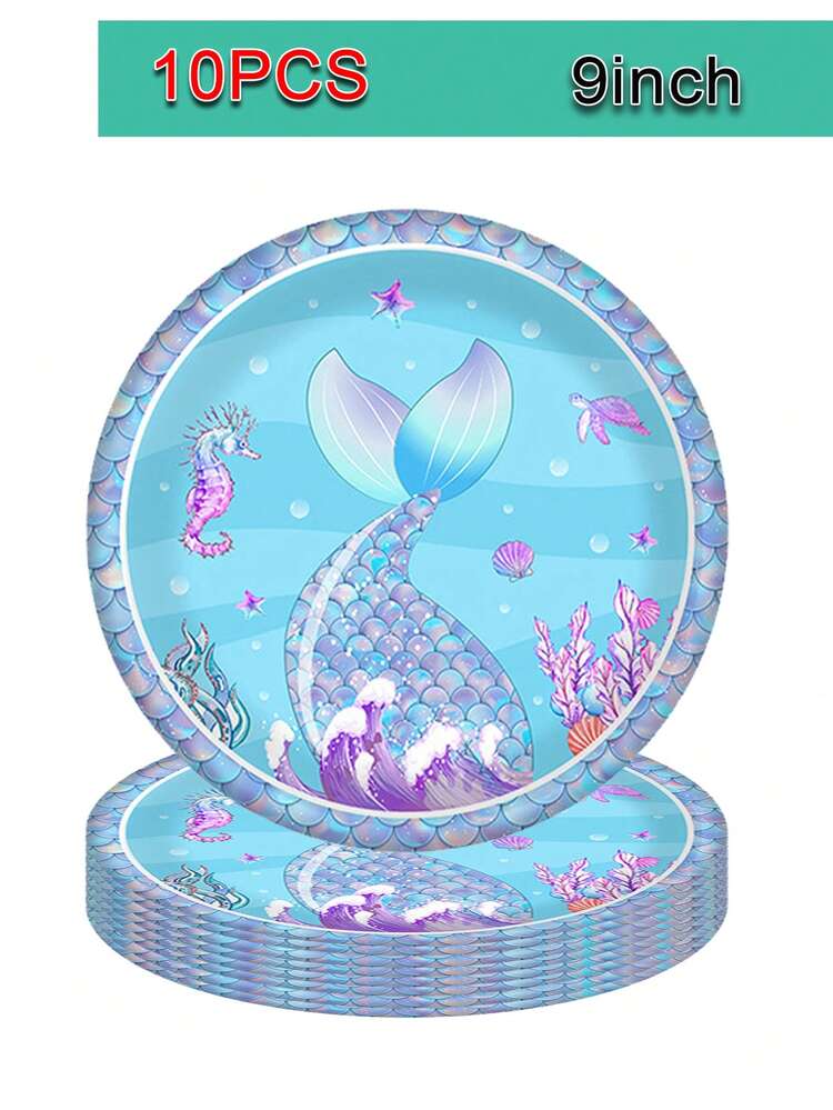 Bộ 10 đĩa và cốc chủ đề nàng tiên cá - Đồ dùng trang trí tiệc theo chủ đề nàng tiên cá, đĩa và khăn ăn 9 inch cho tiệc công chúa bé gái, tiệc mừng em bé, tiệc sinh nhật dưới biển, tiệc chủ đề đại dương - 10 khách - Nhiều màu - Xem 12