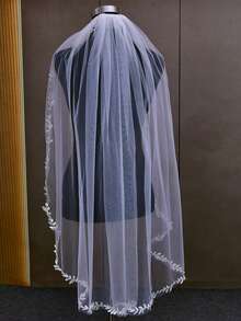 婚纱头纱蕾丝边新娘头纱带梳子1米婚纱头纱薄扇形蕾丝边曼蒂拉新娘配饰 - 彩色 - 查看 10