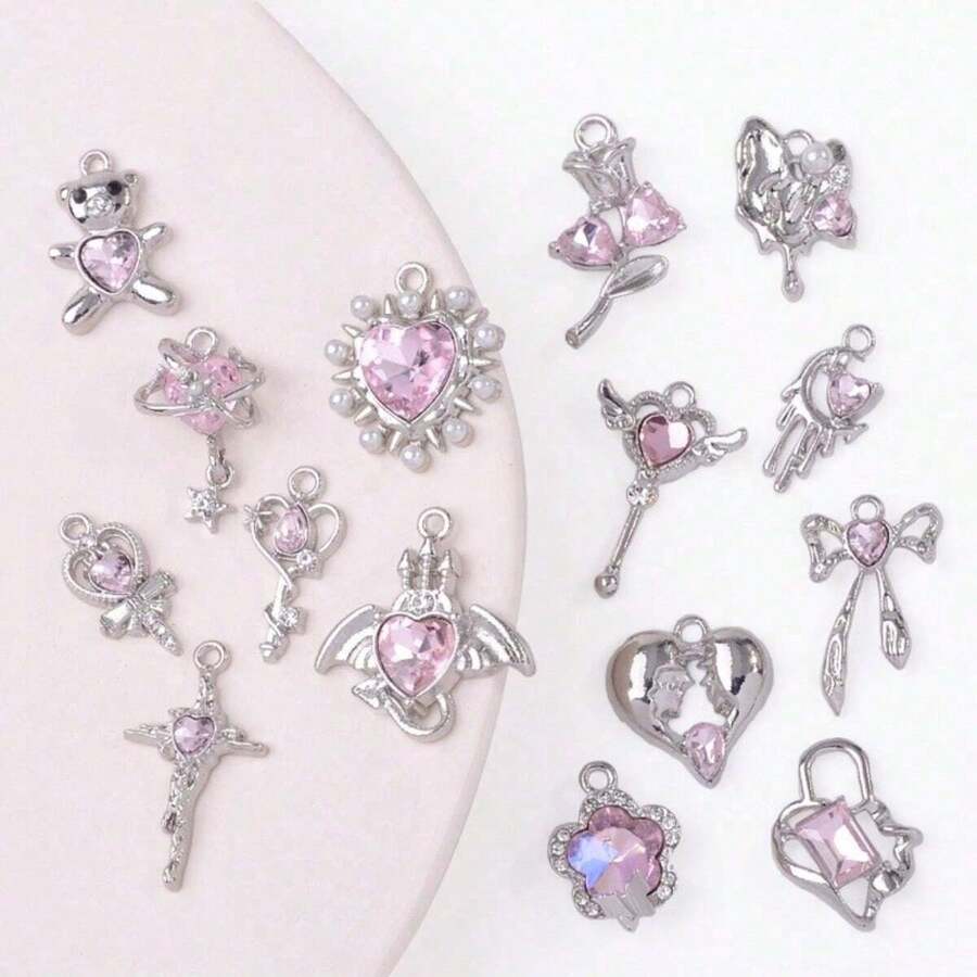 10/20个随机锌合金粉色Y2K系列蝴蝶结、十字架、心形、熊形吊坠，适合DIY项链、手链、耳环、钥匙扣等饰品制作 - 粉色 - 查看 1