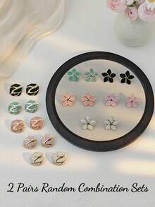 2 Pairs Elegant Enamel Square & Floral Stud Earrings Set, Stainless Steel Jewelry, White, Pink, Burgundy Earrings, Waterproof & Fade-Resistant, Suitable For Beach Vacation, Swimwear, Wedding Dress Accessories - Multicolor - View 6