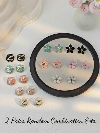 2对随机款式女士耳环，优雅珐琅方形和圆形耳钉，珐琅五瓣花不锈钢耳环，白色、粉色、酒红色，防水防褪色，适合泳装、海滩度假、时尚配饰、婚纱配饰 - 多功能饰品，可用于游泳、沐浴、运动