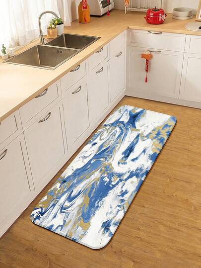 1pc Faux Marble Print Flannel Kitchen Mat, Modern Rectangular Washable Decorative Carpet Floor Mat, 8mm Thick, Soft Absorbent Cushioned Mat, Foldable Easy Care, Suitable For Kitchen, Floors, Homes, Rustic Style, Flannel Texture, Vintage Country, Easy Clean, Plush Rug, Non-Slip, Essential For Home Cooking