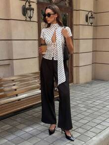 波点印花雪纺衬衫，法式优雅花瓣袖休闲衬衫 - 白色 - 查看 9