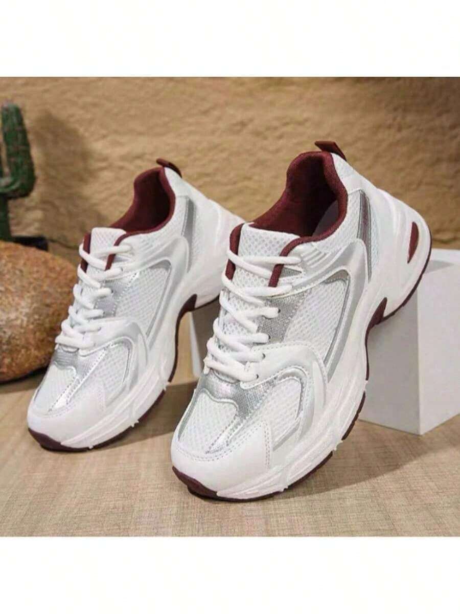 American Retro Contrast Color Running Shoes, Mesh Breathable, Thick Bottom Cushioning, Campus, Street, Daily Wear Template, Running Shoes To Grasp The Relaxation Feeling, 5cm High Casual Shoes - 紅白 - 查看 1