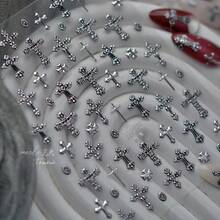 1pc Dark Vintage Metal Nail Stickers, Silver High-End Cross Design Nail Art Decorative Stickers, Self-Adhesive Nail Decals, DIY Nails Nail Supplies - 彩色 - 查看 1
