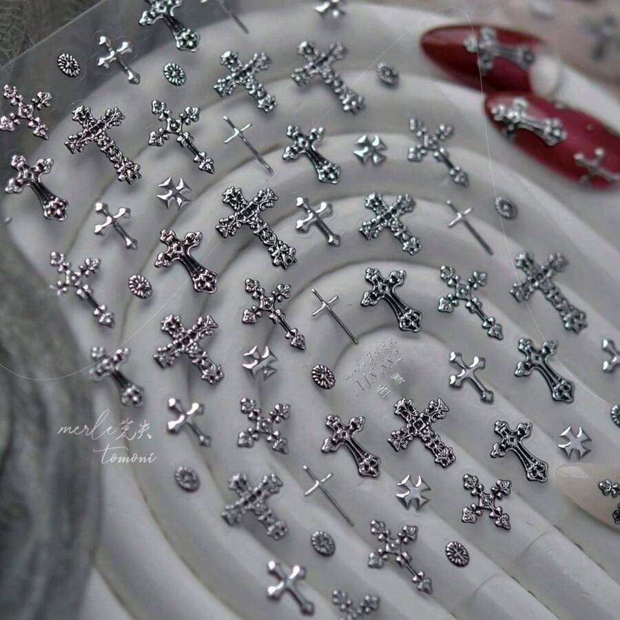 1pc Dark Vintage Metal Nail Stickers, Silver High-End Cross Design Nail Art Decorative Stickers, Self-Adhesive Nail Decals, DIY Nails Nail Supplies - 彩色 - 查看 1