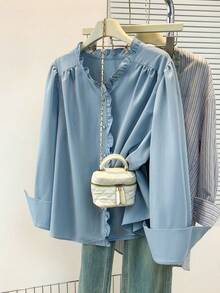 Plus Size Cardigan Collar Blouse With Frill Detail Long Shirt Sleeve Button Embellished Woven Fabric Regular Length Top Spring - Blue - View 2