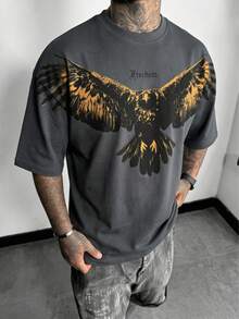 FRACTYR Men's Summer Casual Street Fashion Gold Foil Eagle & Freedom Text Reversible Design Loose Fit Printed Round Neck Short Sleeve T-Shirt - Dark Grey - View 5