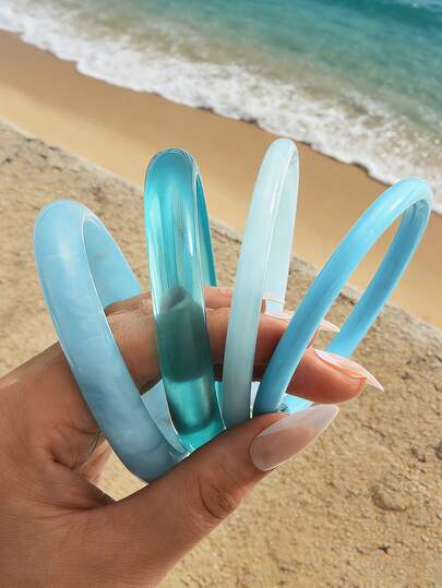 4件套复古休闲蓝色亚克力手镯套装，时尚管状设计，适合日常佩戴，女士亚克力材质，无镶嵌工艺，适合日常、派对和海滩等场合。