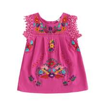 Toddler Baby Infant Girls Summer Cotton Linen Boho Dress Floral Embroidery Square Neck Lace Ruffle Fly Sleeve Sleeveless Summer Beach Sundress Vacation Bohemian Dress A-Line Dress - 玫紅色 - 查看 6