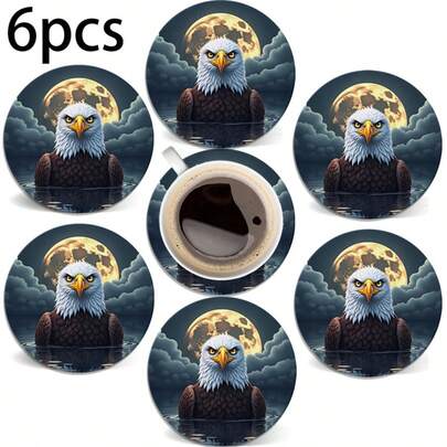 6个2D打印爱国老鹰和美国国旗艺术设计圆形PET杯垫，适用于庭院、厨房、客厅、家庭聚会、餐桌装饰，是送给亲朋好友的节日礼物，例如7月4日、情人节、婚礼、母亲节、生日、派对、家居装饰配件，也是最佳礼品。