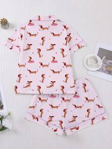 Bộ đồ ngủ nữ 2 món mùa xuân/hè, in hình chó Dachshund ngộ nghĩnh, quà tặng lãng mạn, áo tay ngắn cổ bẻ thoải mái và quần đùi cạp chun, đồ ngủ thích hợp cho tiệc tùng, mặc ngoài trời và ở nhà. - Hồng - Xem 2