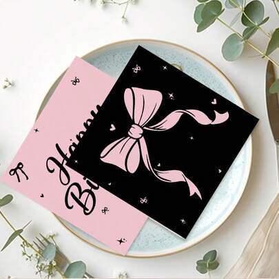 20 piezas/40 piezas/60 piezas, Servilletas de cumpleaños con lazo rosa y negro, servilletas de papel para fiesta de cumpleaños de 2 capas con texto "Feliz cumpleaños" y diseños de lazos rosas, estrellas y corazones sobre fondo rosa y negro para suministros de baby shower, despedida de soltera y reuniones femeninas de 13*13 pulgadas