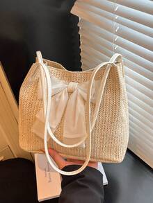 Túi tote dệt thắt nơ dễ thương, túi đeo vai bằng rơm nữ tính, túi đựng đồ lớn, túi gấp gọn đa năng thích hợp cho kỳ nghỉ hè, đi biển, đi làm. - trắng - Xem 9