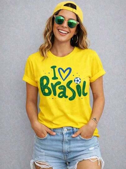 Camiseta Blusa Copa Brasil Feminina Eu Amo Brasil Estilosa 2026 100% Algodão  Promoção
