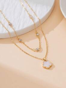 1 chiếc vòng cổ nhiều lớp kiểu dáng mùa hè mới, phong cách bãi biển, cổ điển, đa năng, tối giản, thanh lịch với mặt dây chuyền hình cỏ ba lá lấp lánh dành cho nữ. - trắng - Xem 3