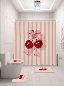 1/4 件装樱花蝴蝶结图案防水涤纶浴帘，配 12 个挂钩，浴室防滑垫，马桶座套和 U 型垫 - A - 查看 17