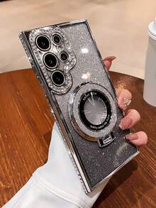 1pc Luxury Gradient Glitter Diamond Holder Phone Case, Compatible With Samsung S26 Ultra, S24, S25 Ultra, S24 Plus, S23 Ultra, S22 Ultra, S23, A15, A55, Wireless Charging Camera Shockproof Protective Cover - Silver - View 2