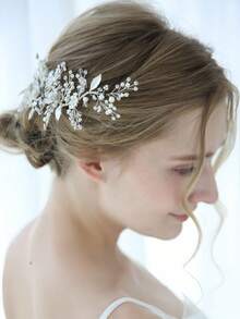 1pc Pearl & Crystal Leaf Hair Clip - Silver - View 4