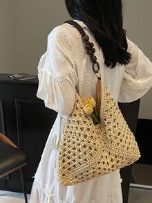 女款手工編織祖母方格拼色大容量托特包，海灘包，適合夏季、度假與日常使用，旅行必備，女款夏季草編海灘包，最受歡迎的女款海灘包，海灘必備，夏季必備，海灘配件，最新度假包，夏季，編織包 - 米色 - 查看 9