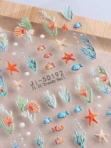 2pcs 5D Ocean Life Nail Stickers, Summer Seaweed, Fish, Shells, Starfish, Embossed Patterns, Self-Adhesive Nail Decals, Cute & Charming Nail Art Decorations, DIY Manicure Supplies - Multicolor - View 7