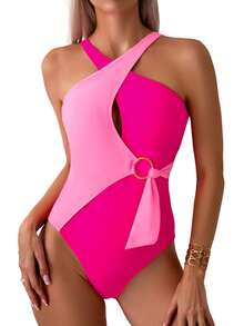 Family Matching Swimsuit Mommy And Me Matching Bathing Suit Summer Beachwear Contrast Color Cutout Criss Cross Halter Neck Sleeveless One Piece Beachwear - 玫紅色 - 查看 7